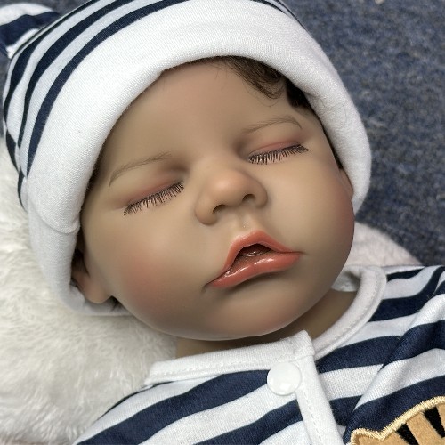 Little Seventeen Black Complexion, Dark Blue Striped Reborn Male Baby, Simulated Vinyl Baby, A Subst